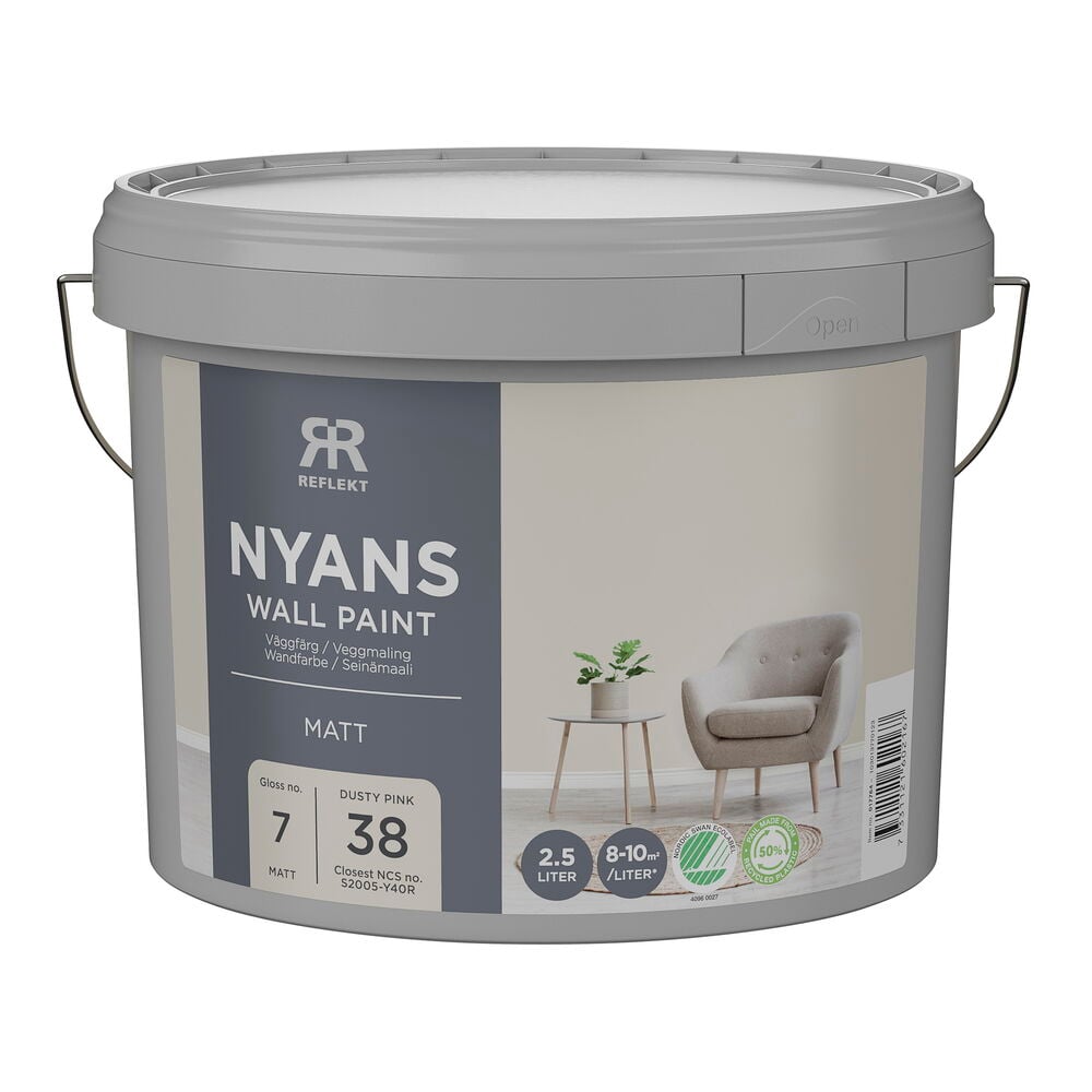 En grå målarhink med Nyans Väggfärg, 2,5 liter, i Dusty Pink, NCS S2005-Y40R.