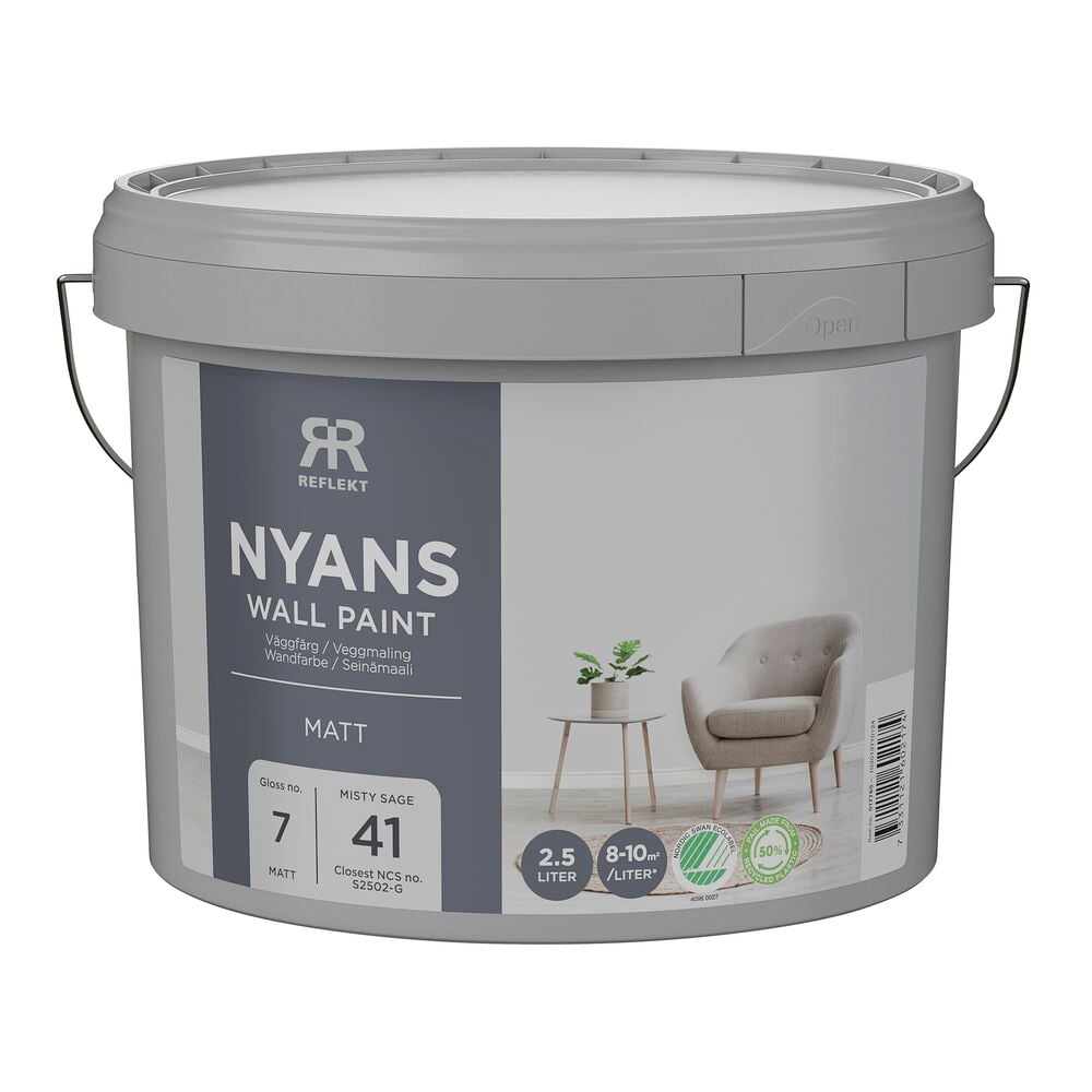 Grå färgburk, Nyans väggfärg, 2,5 liter, Misty Sage, med närmaste NCS-kod S2502-G.