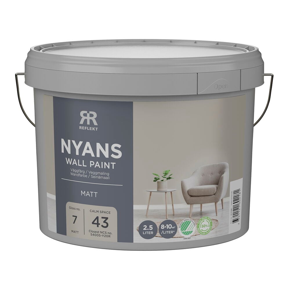 Nyans Väggfärg, 2,5 liter grå hink i Calm Space S4005-Y20R med matt yta.