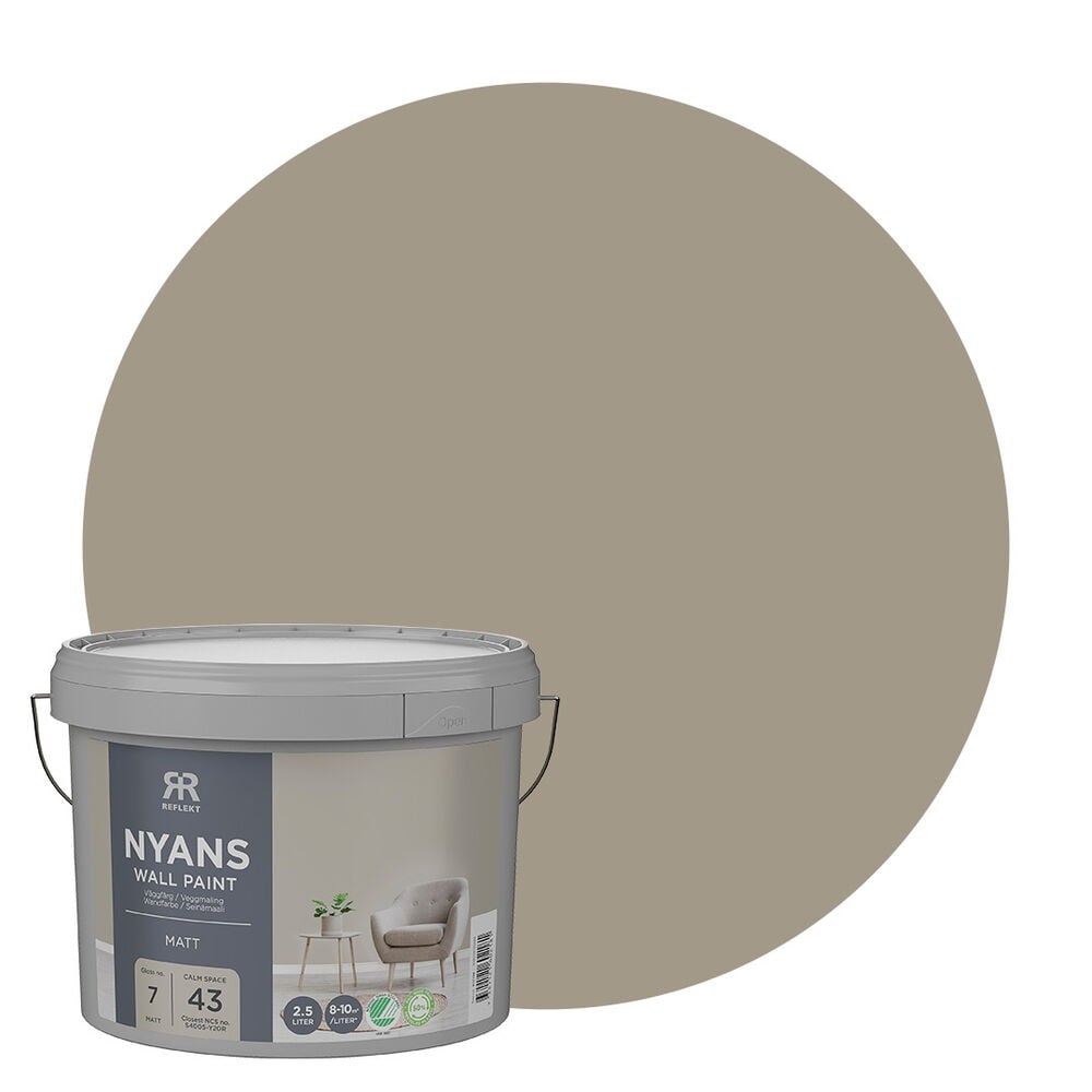 Grauer 2,5 Liter Eimer Wandfarbe Nyans Calm Space, vor seinem hellbraunen NCS S4005-Y20R Farbton.