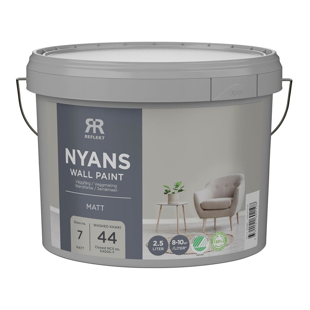 En grå Nyans 2,5 liters Washed Khaki matt väggfärgshink, med NCS S4005-Y.