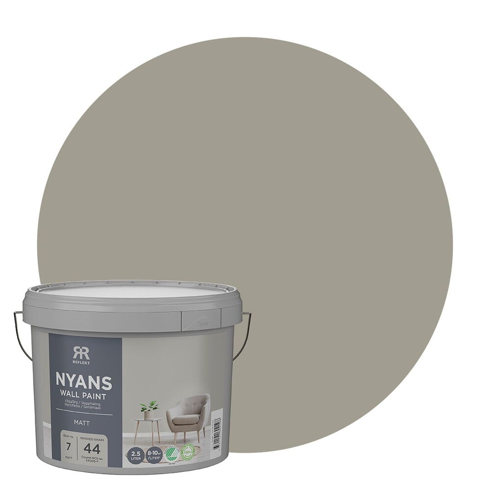 Ein grauer Eimer Nyans Wandfarbe, 2,5 Liter Washed Khaki, mit einer großen runden Farbprobe.