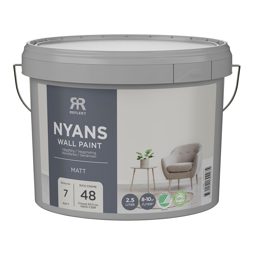 Seinämaali Nyans 2,5 litraa Rich Creme, lähin NCS-koodi: 0803Y29R, harmaassa ämpärissä.