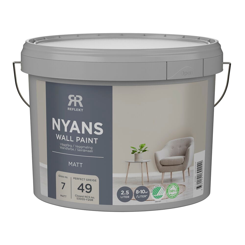 Harmaa Nyans 2,5 litran Seinämaali Perfect Greige, NCS S3005Y20R.