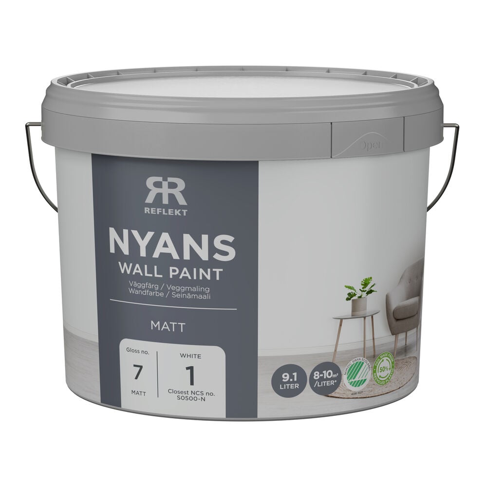 Vit Nyans 9,1 liter väggfärgshink, glans 7 matt, närmaste NCS S0500-N, med grått lock.