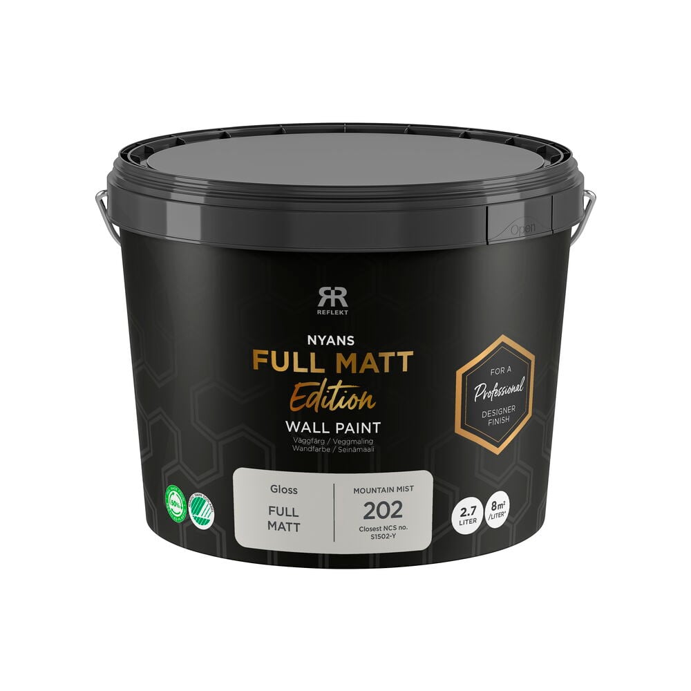 Musta 2,7 litran maalipurkki, Seinämaali Nyans Full Matt Edition Mountain mist, lähin NCS S1502-Y.