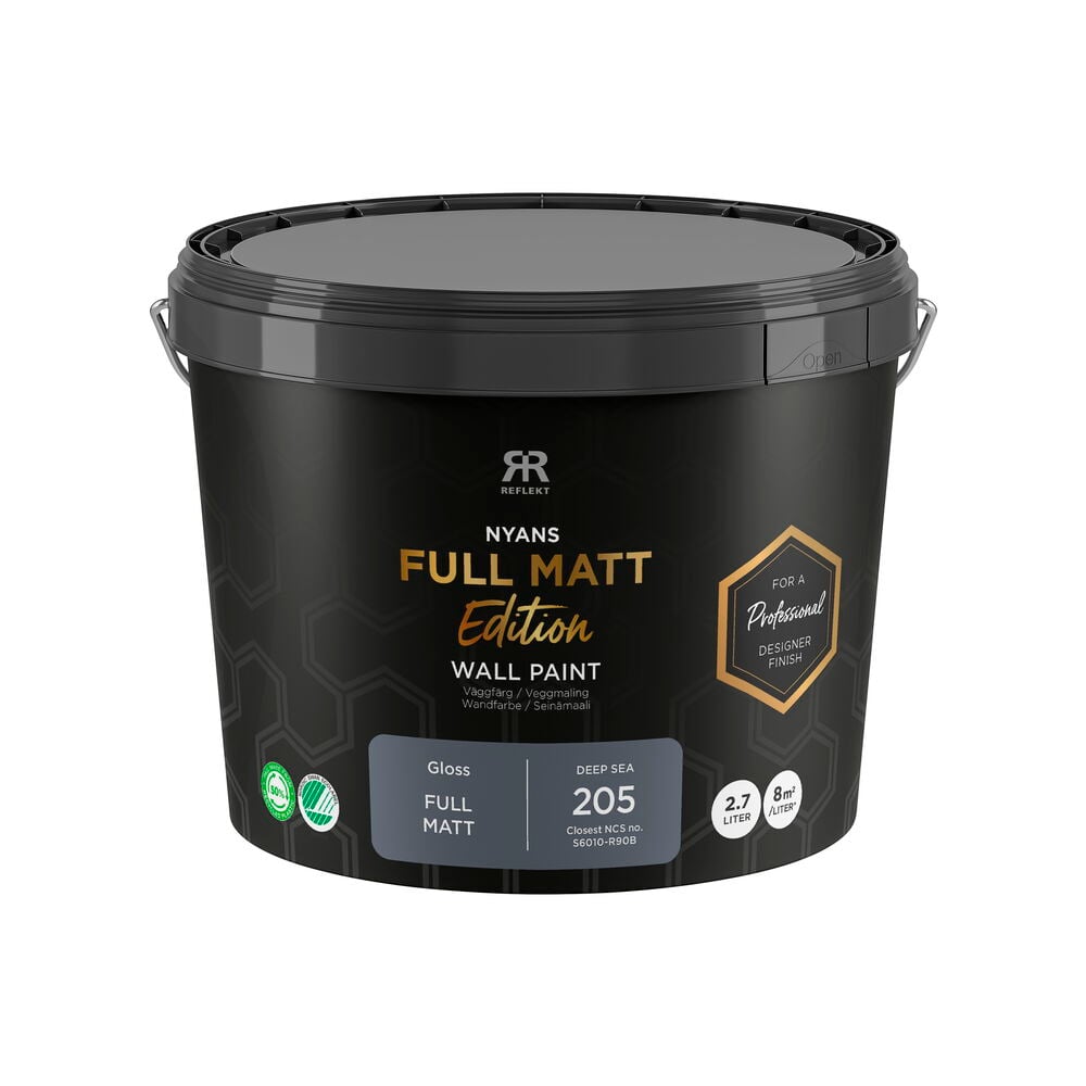 Musta 2,7 litran Nyans Full Matt Edition seinämaali purkki Deep Sea -värissä, NCS S6010-R90B.