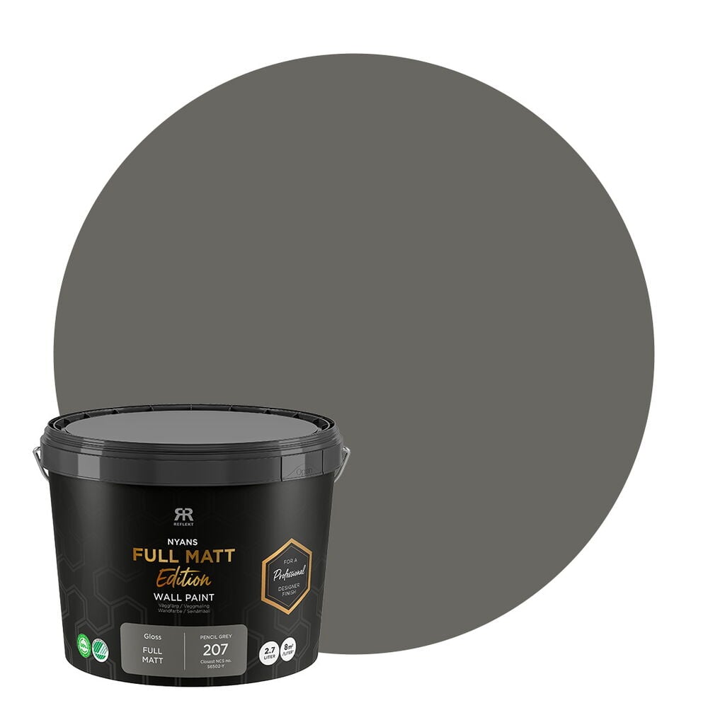 Väggfärg Nyans Full Matt Edition 2,7 liter Pencil grey, mörkgrå hink med matchande cirkulär färgprövning.