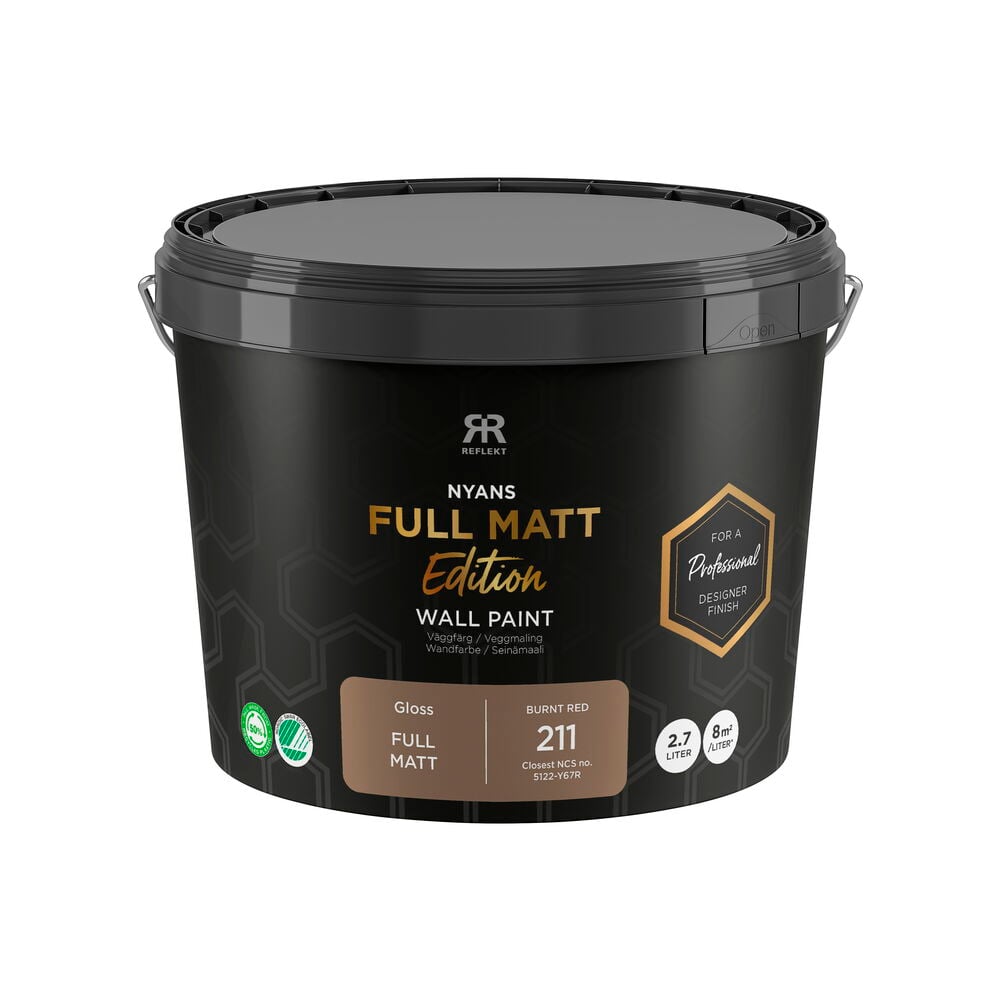 Musta Nyans Full Matt Edition seinämaalipurkki, 2,7 litraa, Burnt Red (NCS 5122-Y67R).