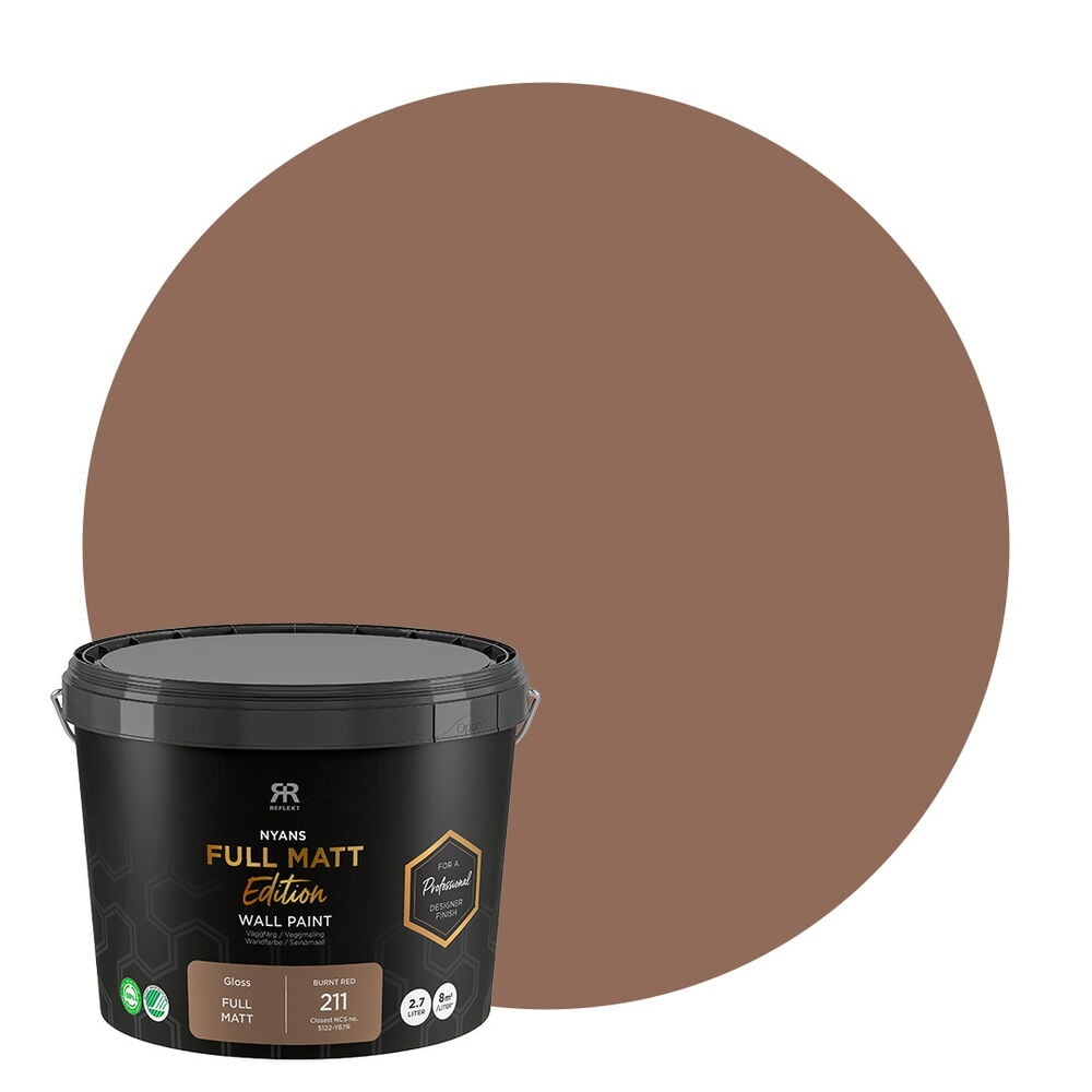 Seinämaali Nyans Full Matt Edition 2,7 litraa Burnt Red -purkki ja yhteensopiva värinäyte.