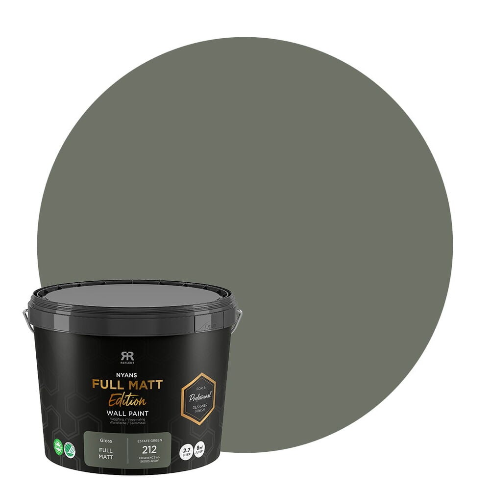 Mörkgrå Nyans Full Matt Edition 2,7 liters väggfärgsburk med en stor cirkulär Estate Green färgprov.