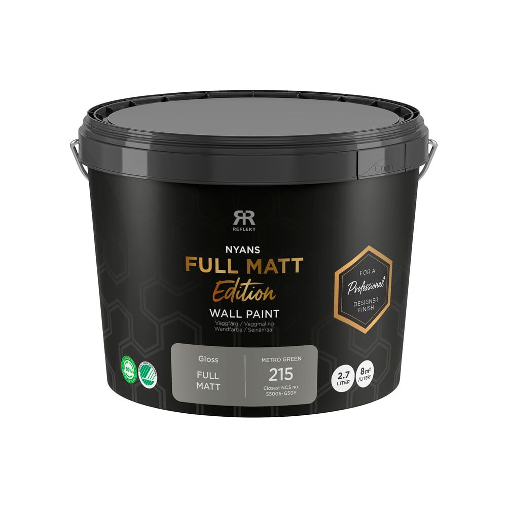 Musta ämpäri Nyans Full Matt Edition -seinämaalia, 2,7 litraa, värinä Metro Green, kiilto täyshimmeä.