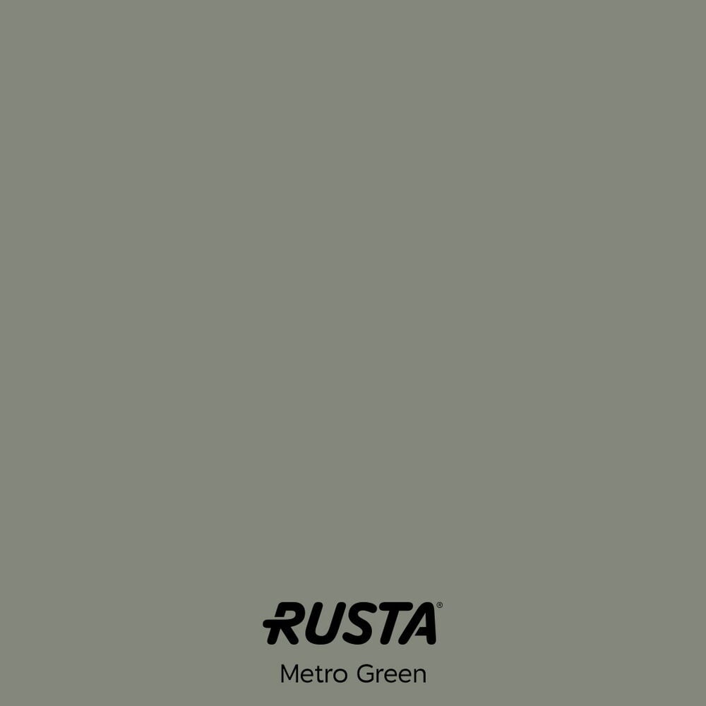 En enfärgad Metro Green väggfärgsprov med RUSTA märkestext.
