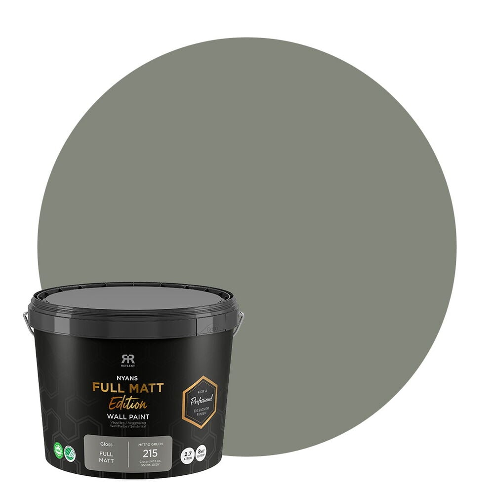 Väggfärg Nyans Full Matt Edition 2,7 liter Metro Green, en svart hink med ett Metro Green cirkelformat färgprov.