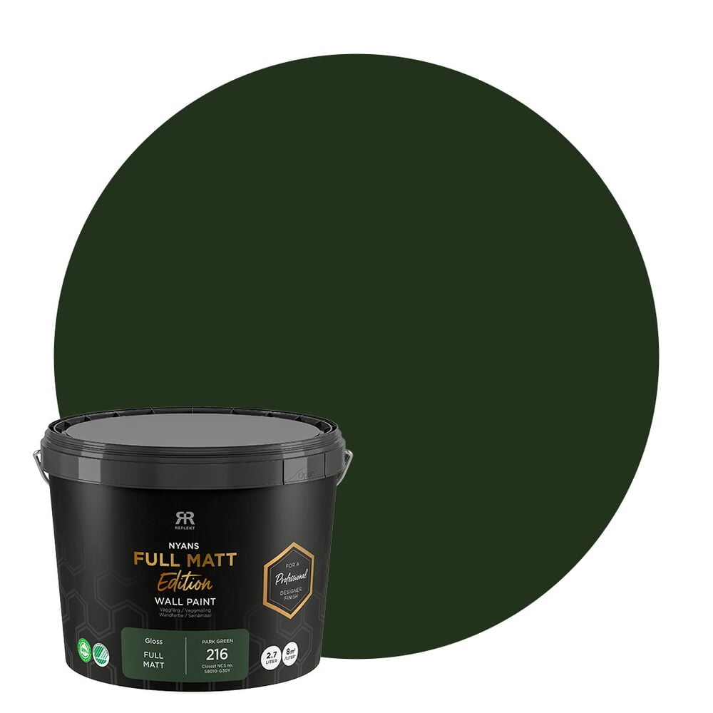 Väggfärg Nyans Full Matt Edition 2,7 liter Park Green, med ett mörkgrönt färgprov.