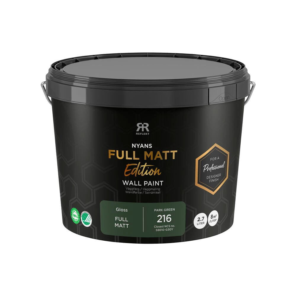 Musta maalipurkki, Seinämaali Nyans Full Matt Edition, 2,7 litraa, Park Green (NCS S8010-G30Y).