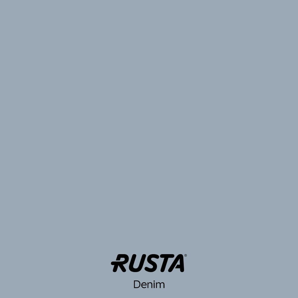 Rusta Nyans Full Matt Edition Denim väggfärg, visar ett enfärgat blågrått färgprov.