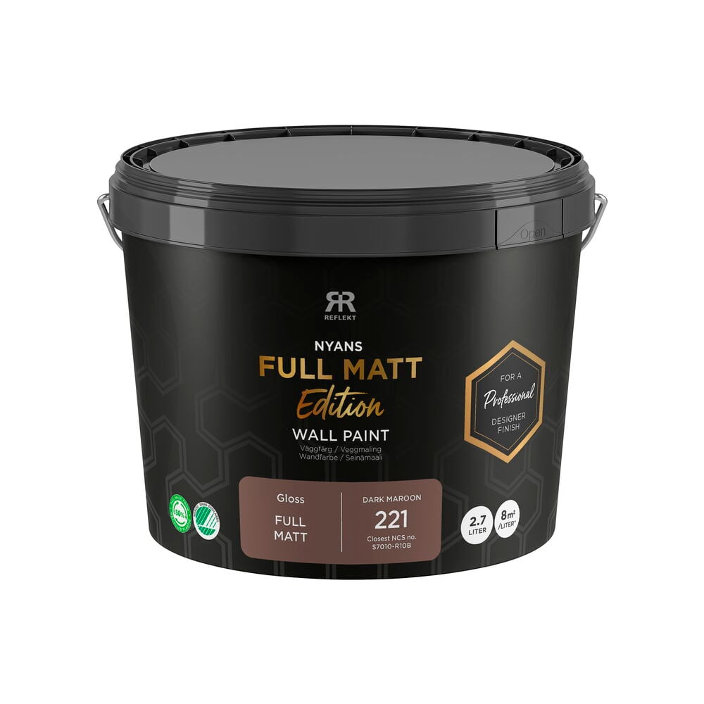 Seinämaali Nyans Full Matt Edition 2,7 litraa Dark Maroon. Lähin NCS-koodi S7010-R10B.