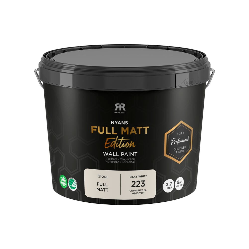 Musta ämpäri Seinämaali Nyans Full Matt Edition, 2,7 litraa, Silky White.