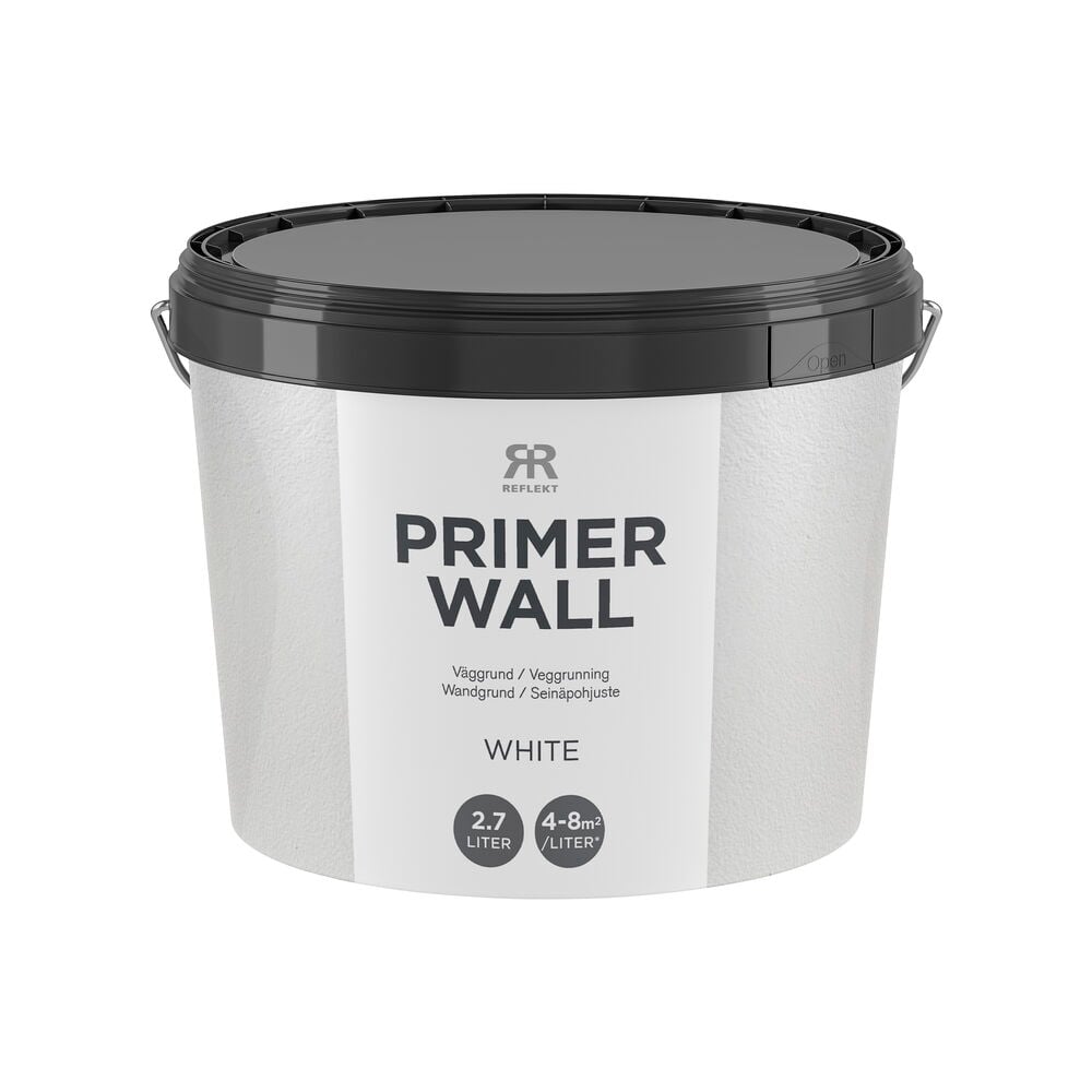 Vit Grundfärg vägg 2,7 liter hink med svart lock, vinklad framifrån.