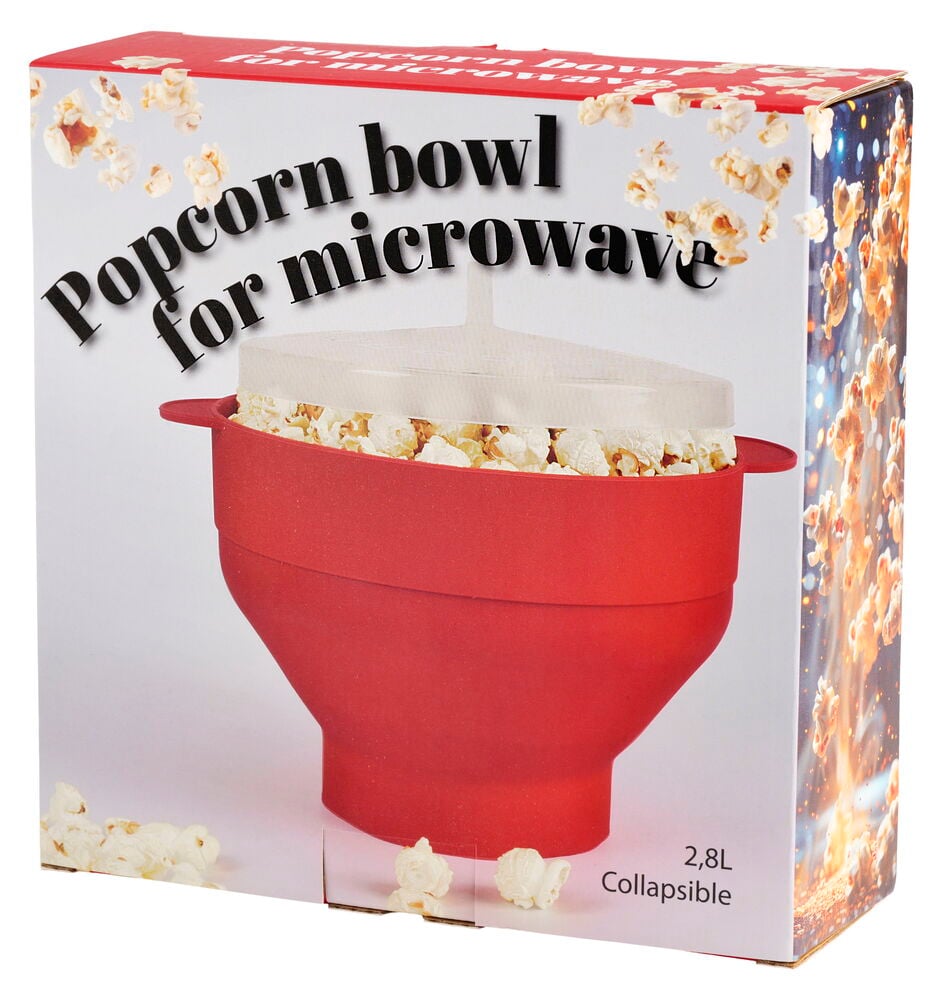 Röd hopfällbar popcornskål med lock och popcorn.