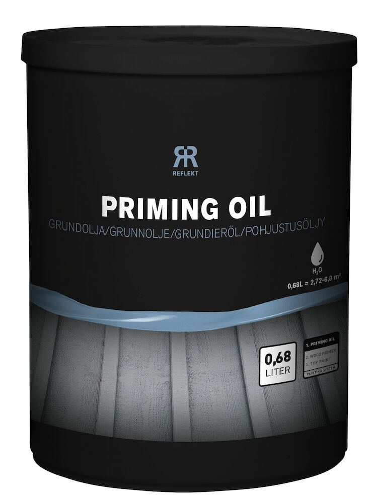 Svart burk med etikett för grundolja 0,68 liter.