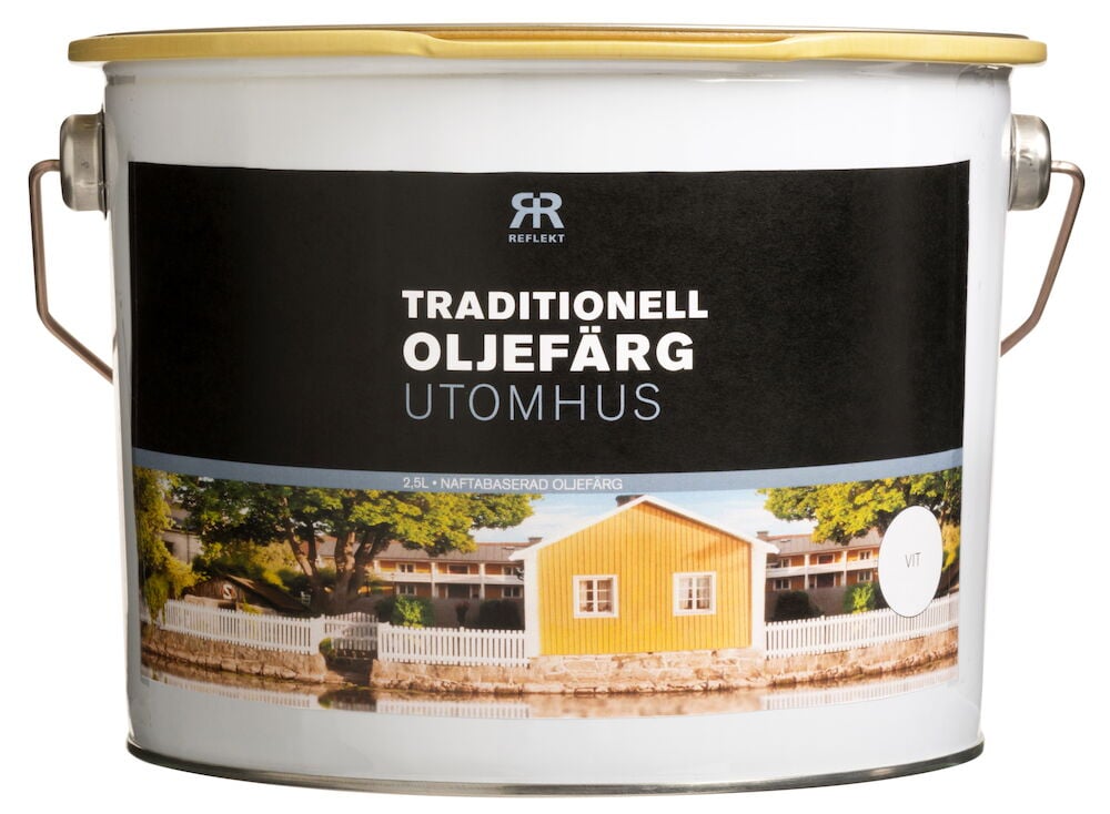 Vit burk med guldfärgat lock och svart etikett.