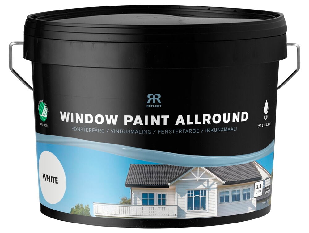 Svart hink med vit fönsterfärg för utomhusbruk.