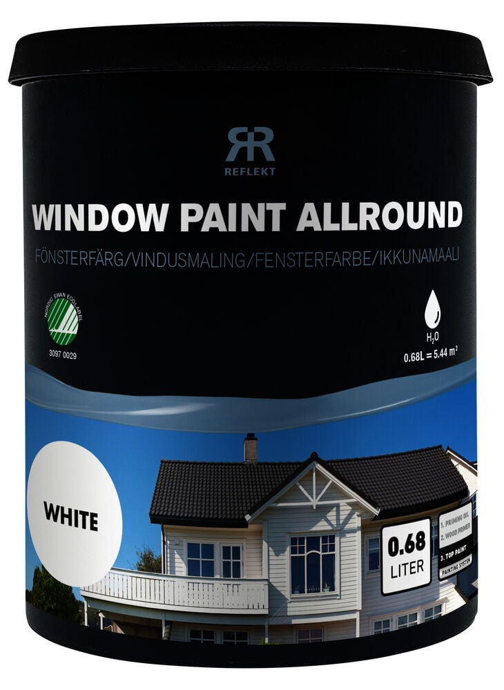 Burk med vit fönsterfärg för trä och metall.