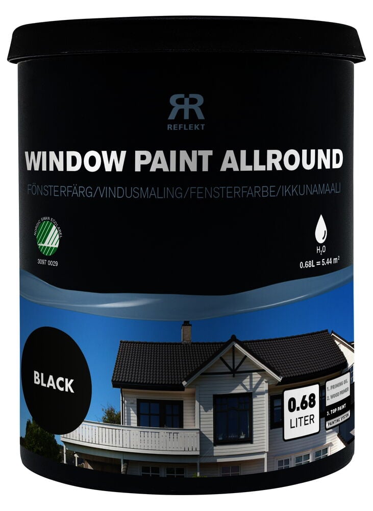 Svart burk fönsterfärg med husillustration på etiketten.
