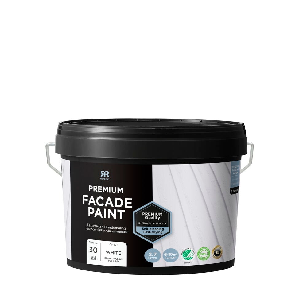 Valkoinen julkisivumaali 2,7 litraa muoviastiassa.