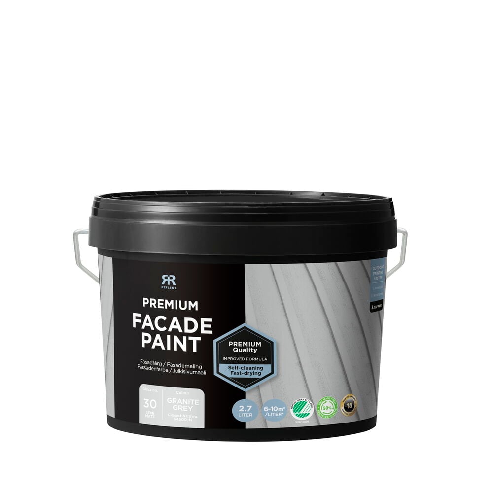 Granitgrå fasadfärg i plasthink med handtag.