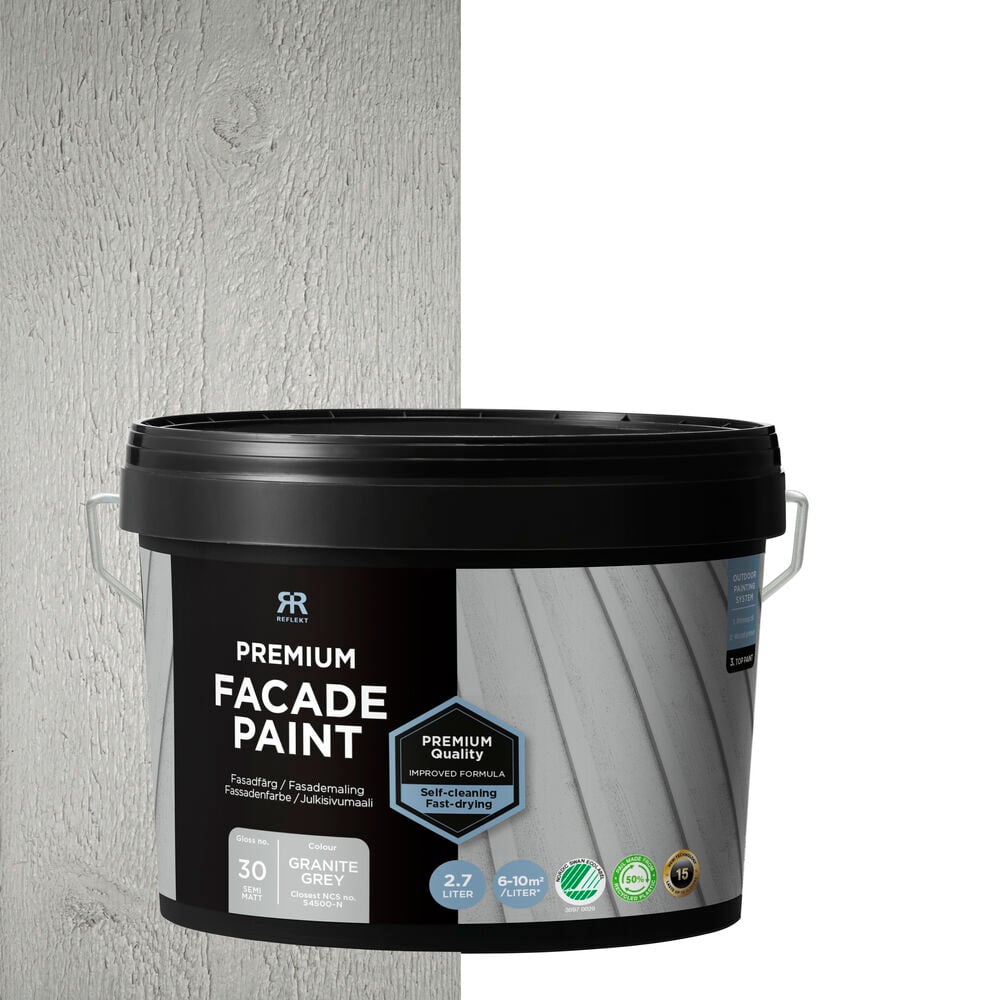 Grå fasadfärg i hink, träbakgrund, 2,7 liter.