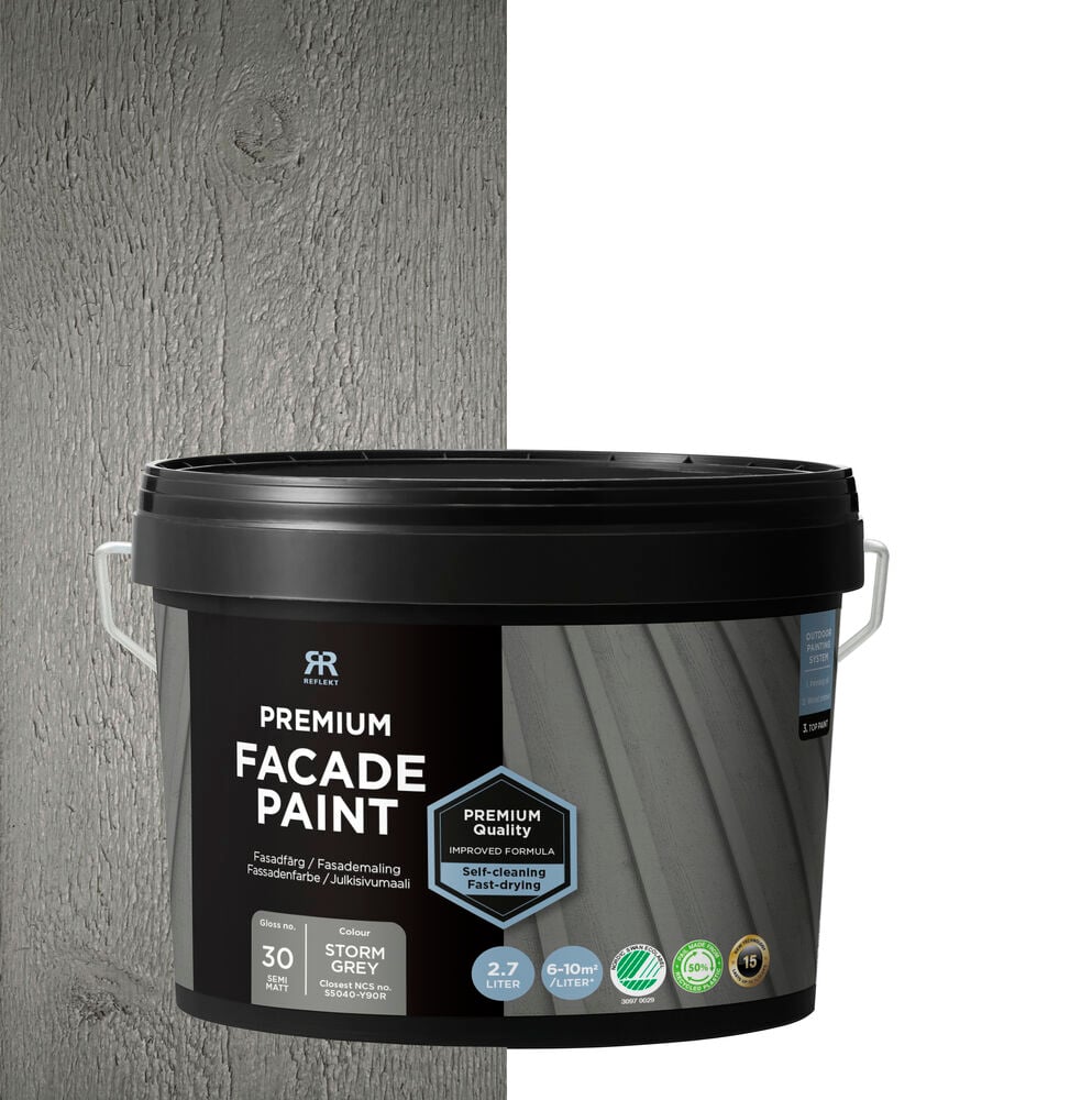 Burk med stormgrå utomhusfärg för fasader.