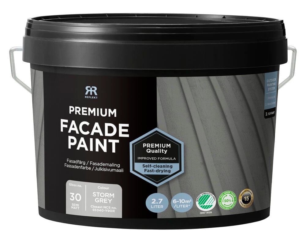 Svart hink med fasadfärg, stormgrå, etikett framtill.