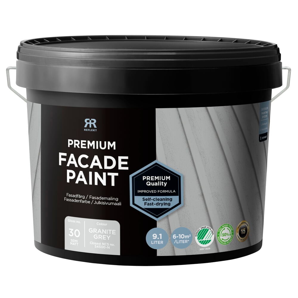 Svart plasthink med granitgrå fasadfärg 9,1 liter.