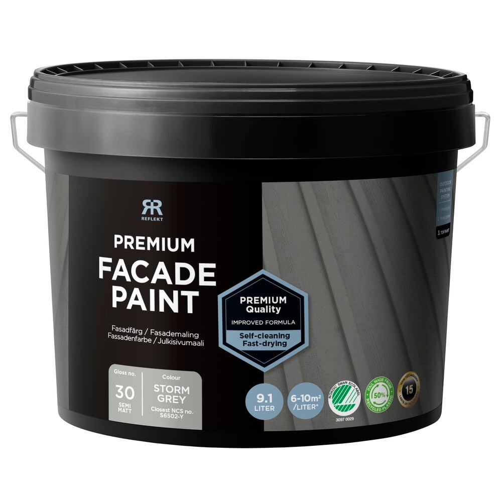 Svart hink med premium fasadfärg, 9,1 liter.