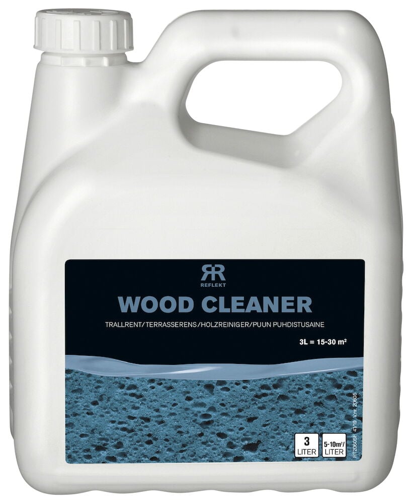 Vit plastdunk med etikett för trätrallerengöring.