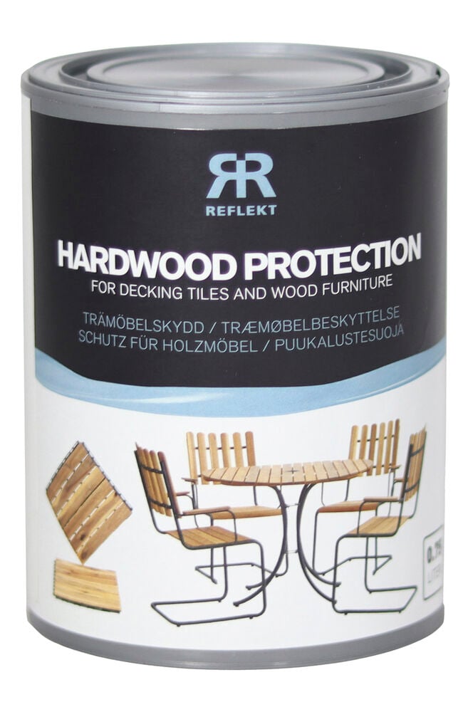 Plastboks med etikett og illustrasjon av tremøbler.