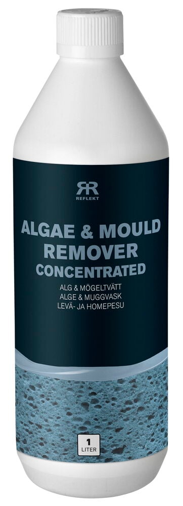 Vit flaska Alg- & mögeltvätt 1 l med mörkblå etikett och vit kork.