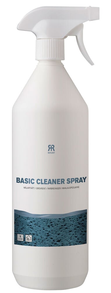 Vit plastflaska med spraymunstycke och blå etikett.