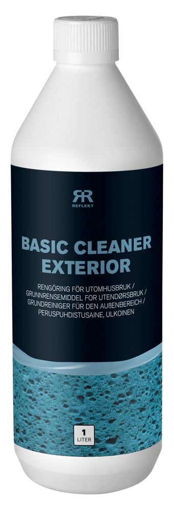 Vit plastflaska med blå etikett för utomhusrengöring.