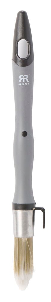 Smal spröjspensel med grått handtag och vita borst.