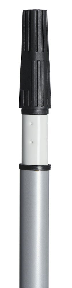 Teleskopiskt förlängningsskaft i metall med svart handtag.