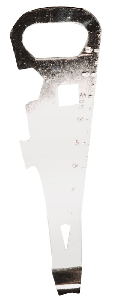 Metallisk burköppnare med inbyggd linjal i silver.