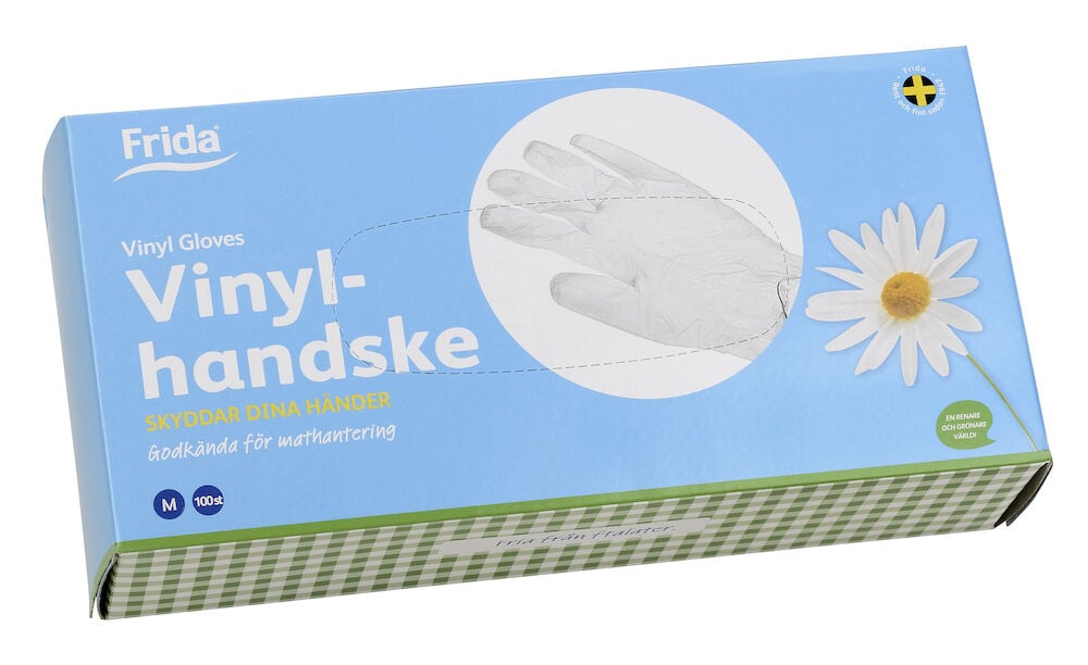 Blå ask med transparenta vinylhandskar storlek medium.