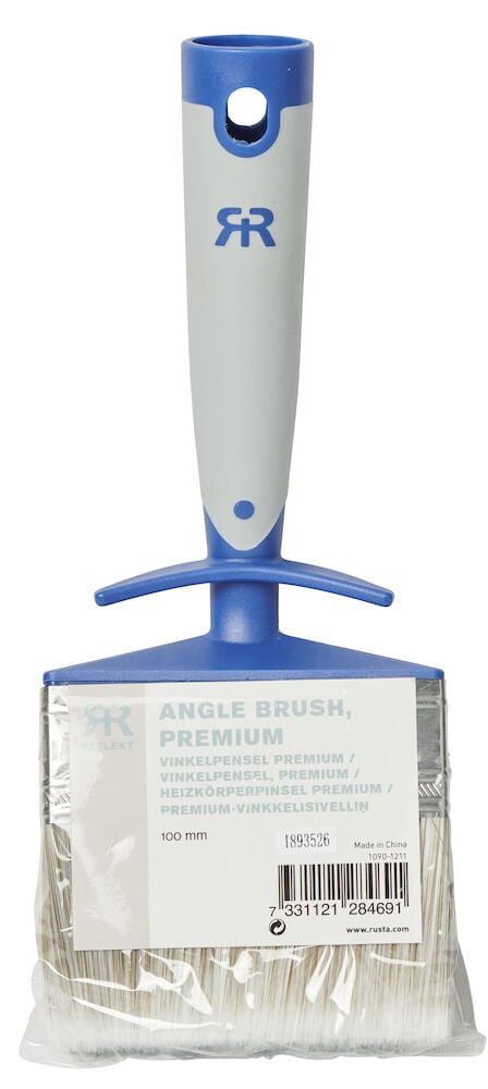 Vinkelpensel med blått handtag och vita borst.