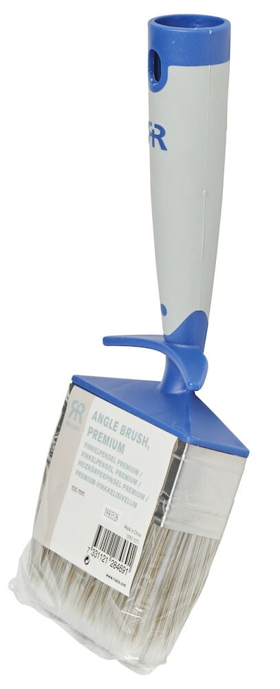 Vinkelpensel med blått och vitt ergonomiskt handtag.