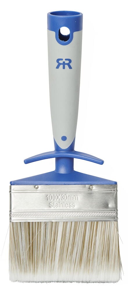 Vinkelpensel med blått handtag och vita borst.