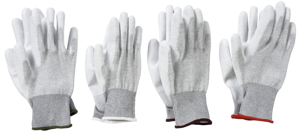 Fyra par grå målarhandskar med färgade muddar.